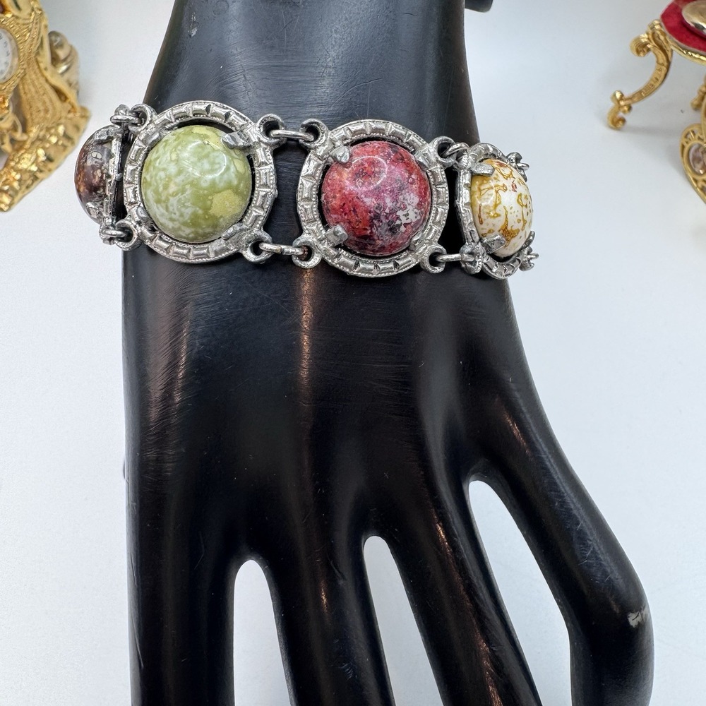Vintage Large Scarab Multi Gemstone Double Link Bracelet Silver Tone Adjustable